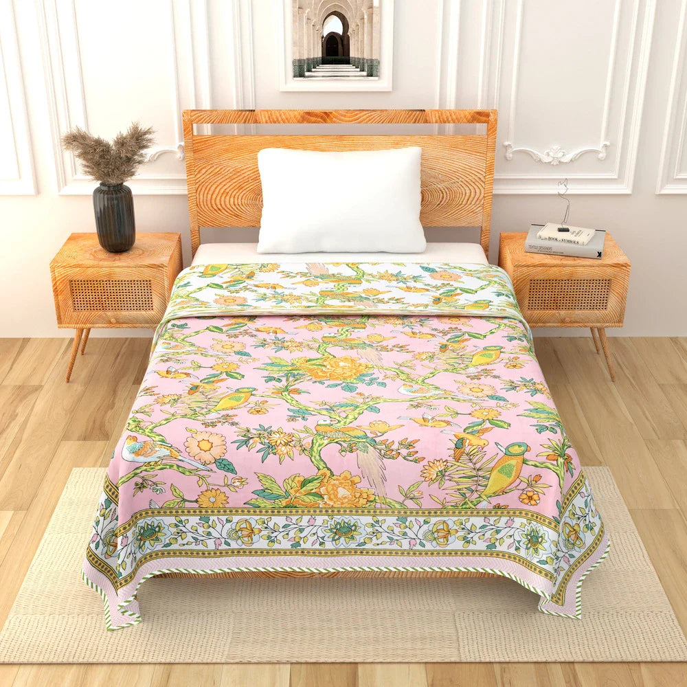 All Season Jaipuri AC Blanket | 100% Cotton | Block Print | Single Bed  – Yellow Birds Floral (63X90 Inches)