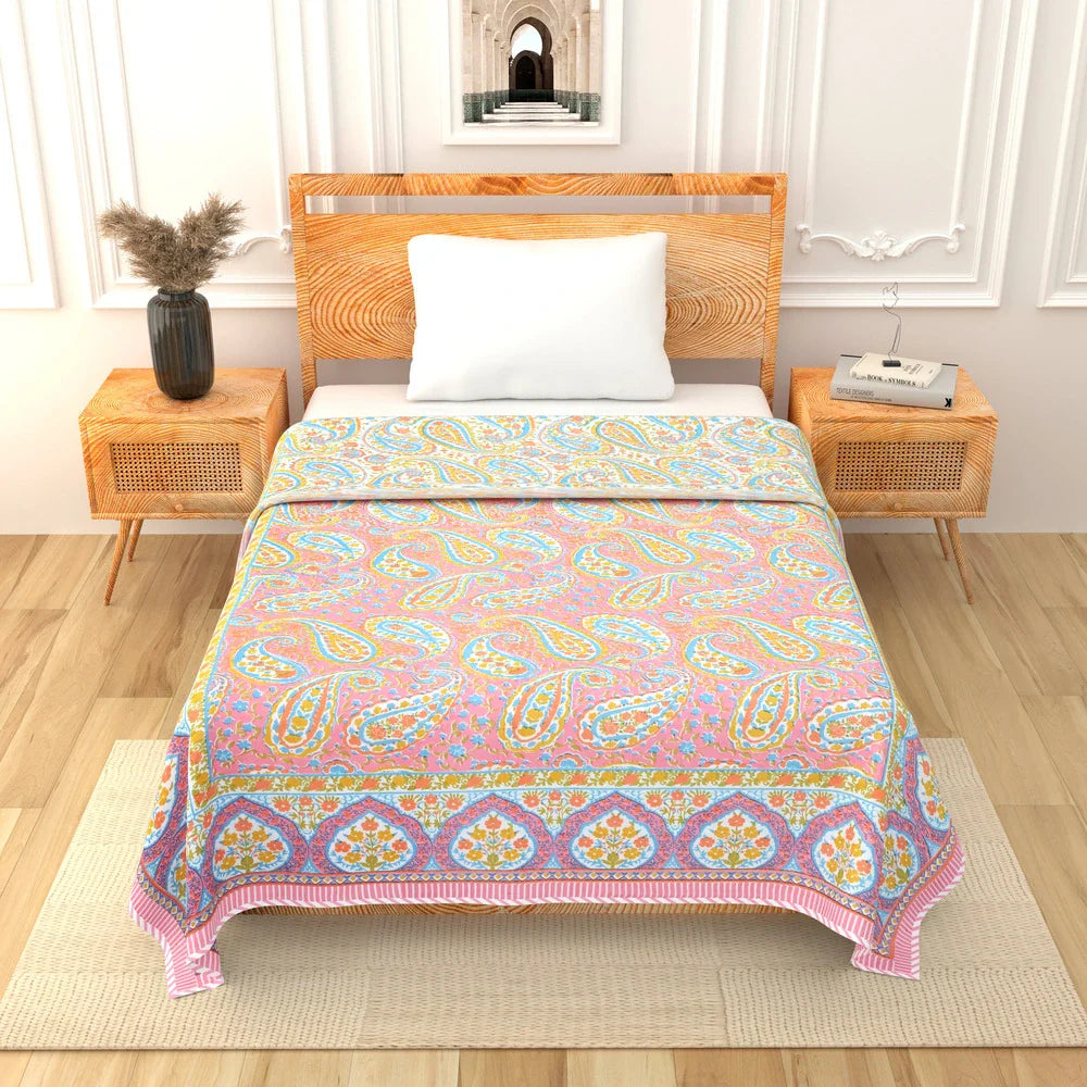 All Season Jaipuri AC Blanket | 100% Cotton | Block Print | Single Bed  –  Pink Mughal Jaal (63X90 Inches)