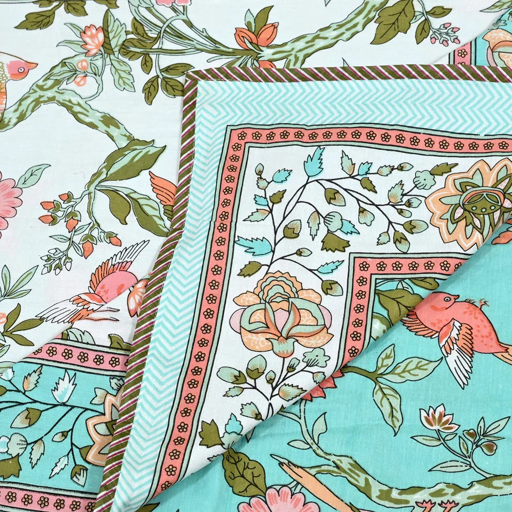 All Season Jaipuri AC Blanket | 100% Cotton | Block Print | Single Bed – Birds & Floral Motifs (63X90 Inches)