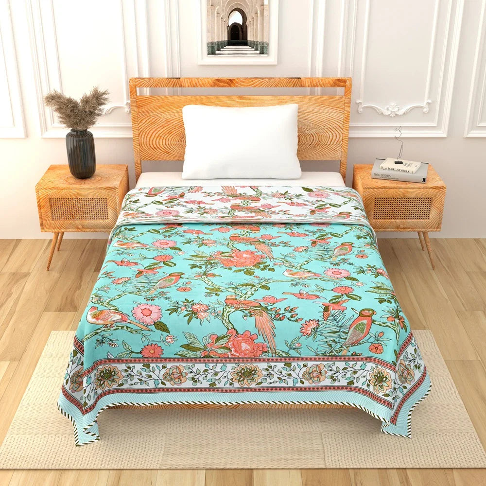 All Season Jaipuri AC Blanket | 100% Cotton | Block Print | Single Bed – Birds & Floral Motifs (63X90 Inches)