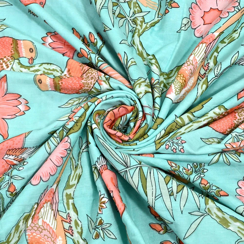 All Season Jaipuri AC Blanket | 100% Cotton | Block Print | Single Bed – Birds & Floral Motifs (63X90 Inches)