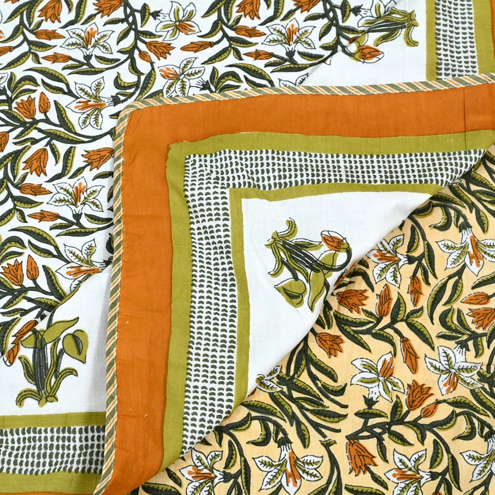 All Season Jaipuri AC Blanket | 100% Cotton | Block Print | Single Bed – Yellow Floral Buta (63X90 Inches)