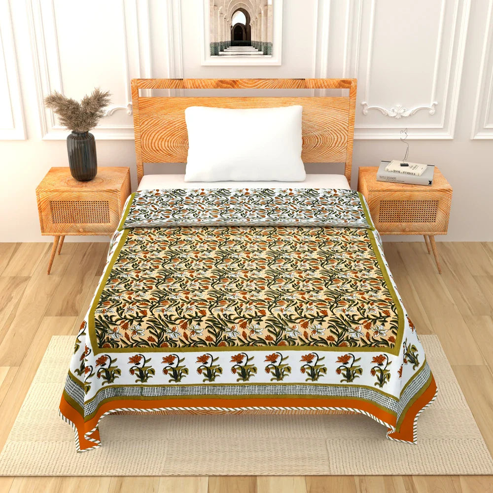 All Season Jaipuri AC Blanket | 100% Cotton | Block Print | Single Bed – Yellow Floral Buta (63X90 Inches)