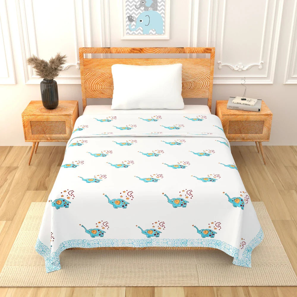 Blue Elephant Printed Kids Cotton Dohar - Single Bed Size (40x60 Inches)
