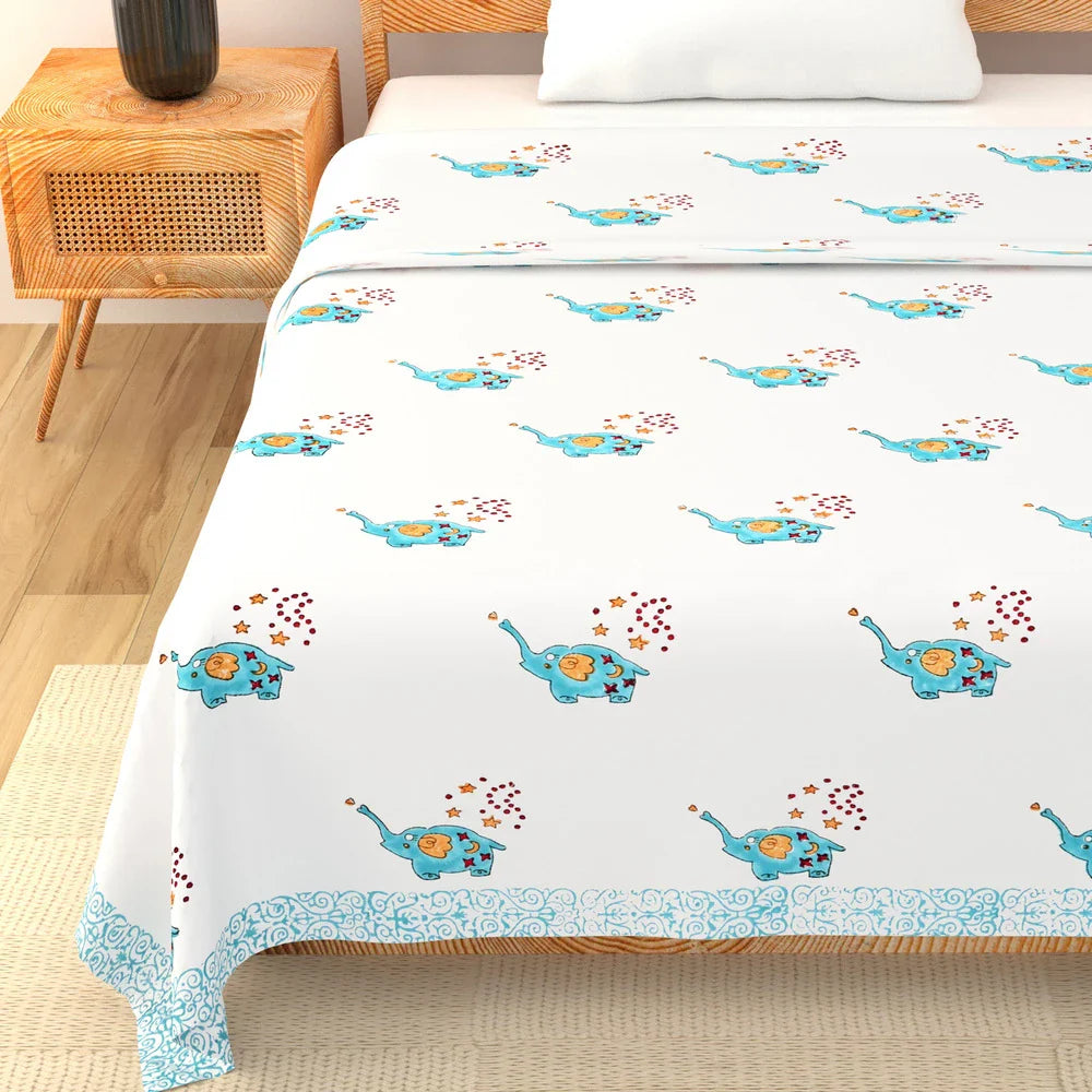 Blue Elephant Printed Kids Cotton Dohar - Single Bed Size (40x60 Inches)