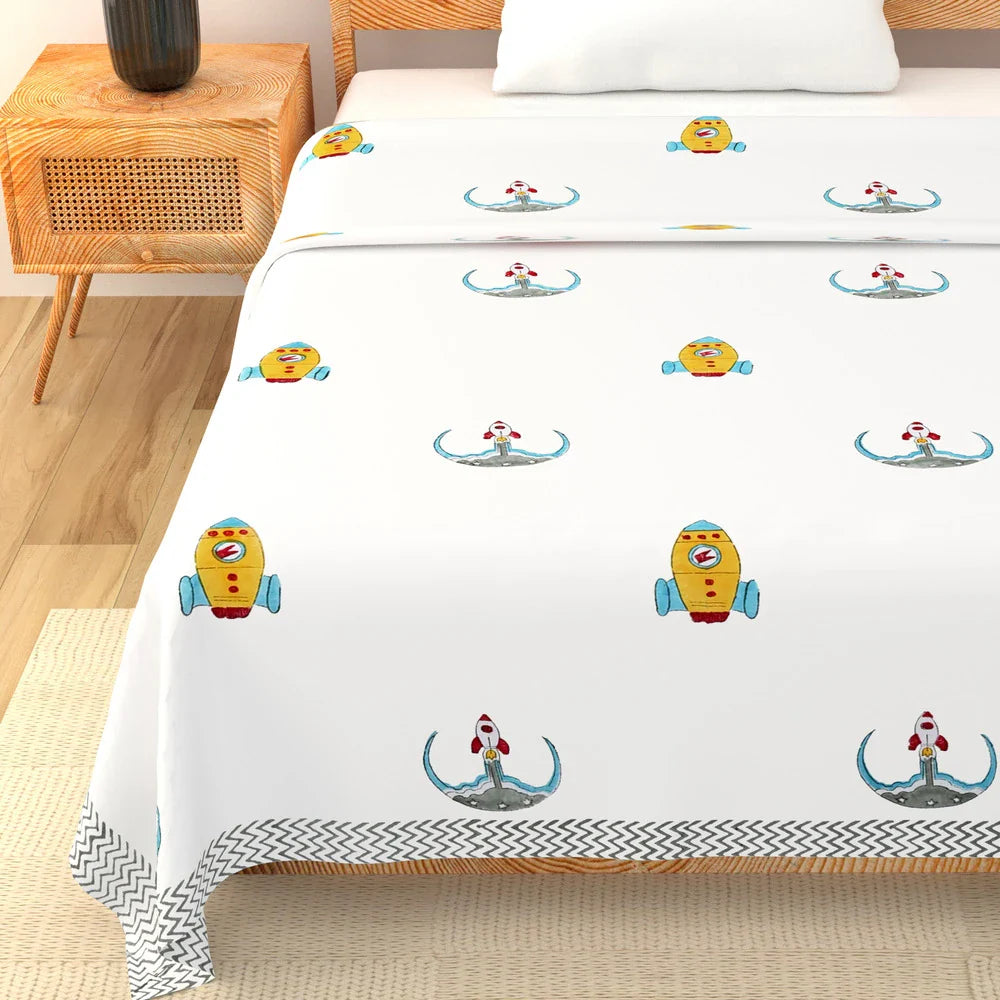 Rocket & Space Printed Kids Cotton Dohar - Single Bed Size (40x60 Inches)