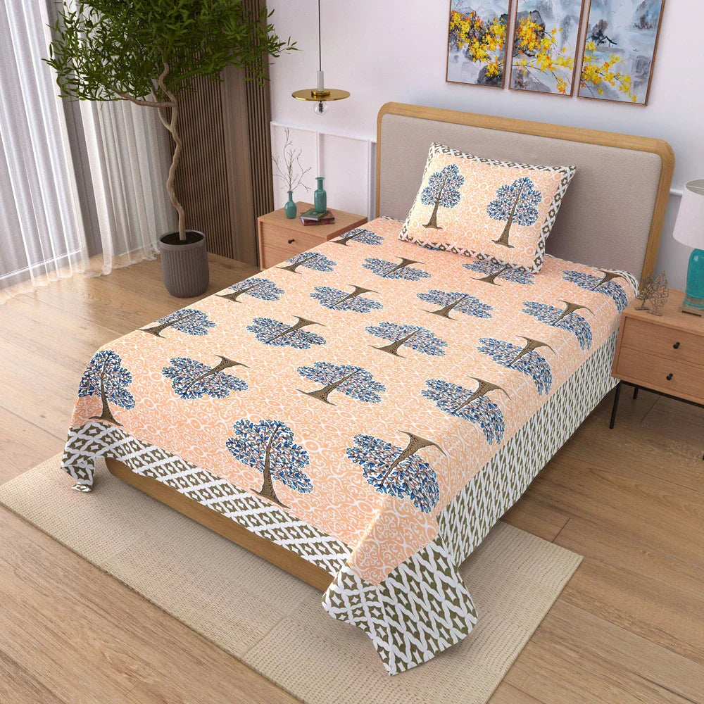 Jaipuri Cotton Single Bedsheet Set - Orange Floral Tree (70X100 inches)