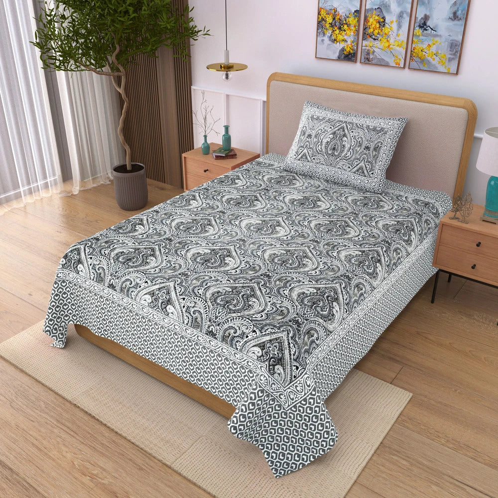 Jaipuri Cotton Single Bedsheet Set – Black & White Paisley Print (70X100 inches)