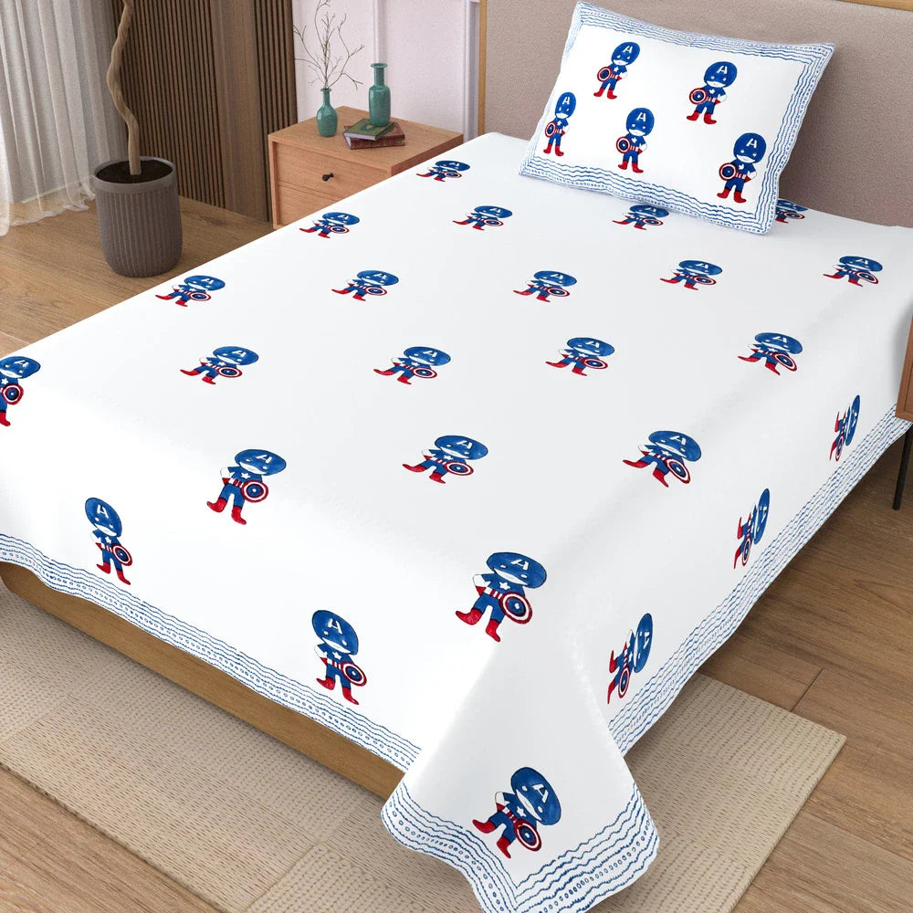 Captain America Block Printed Kids Cotton Bedsheet - Single Bed Size (60X90 Inches)