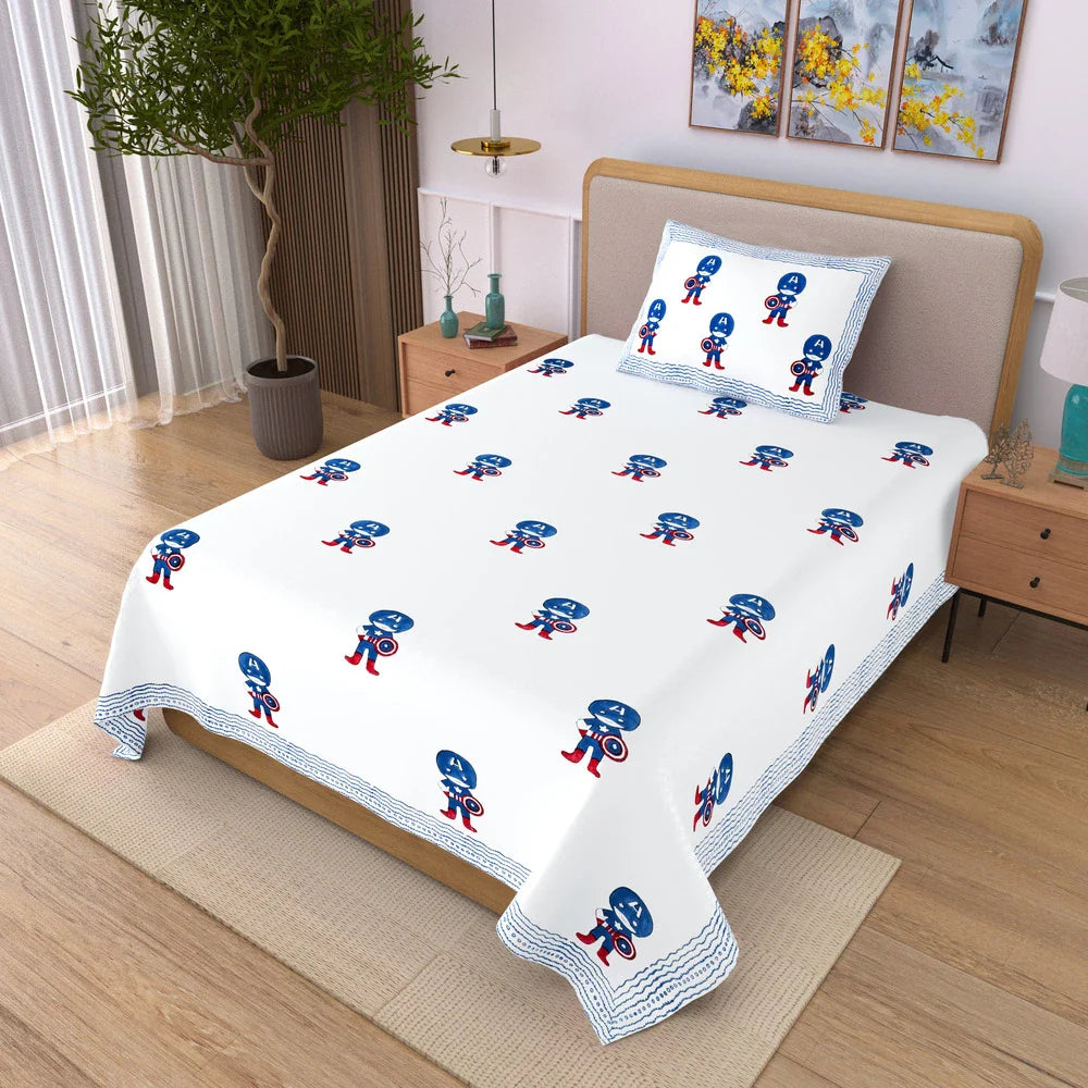 Captain America Block Printed Kids Cotton Bedsheet - Single Bed Size (60X90 Inches)