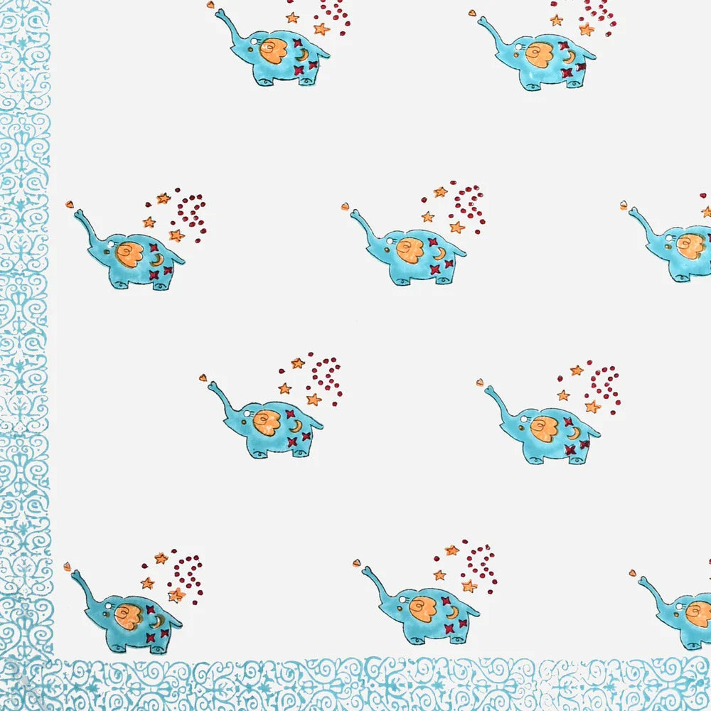 Blue Elephant Block Printed Kids Cotton Bedsheet - Single Bed Size (60X90 Inches)