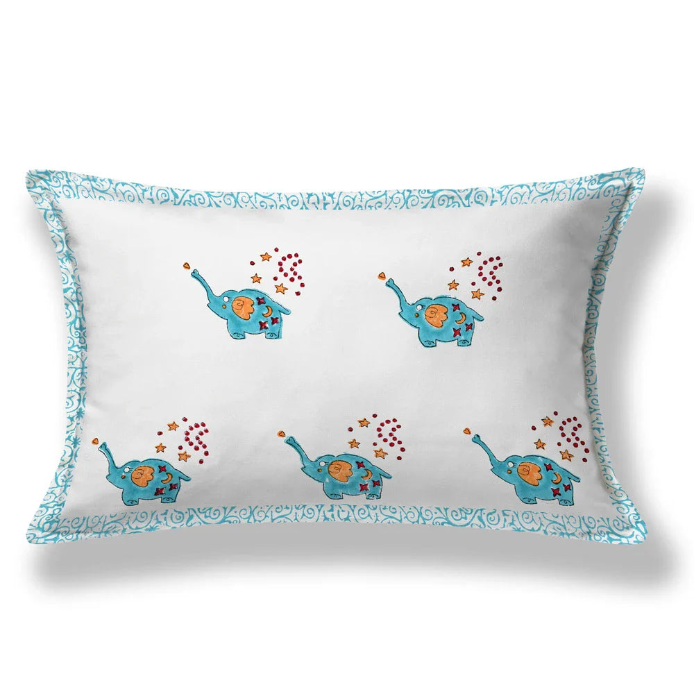 Blue Elephant Block Printed Kids Cotton Bedsheet - Single Bed Size (60X90 Inches)