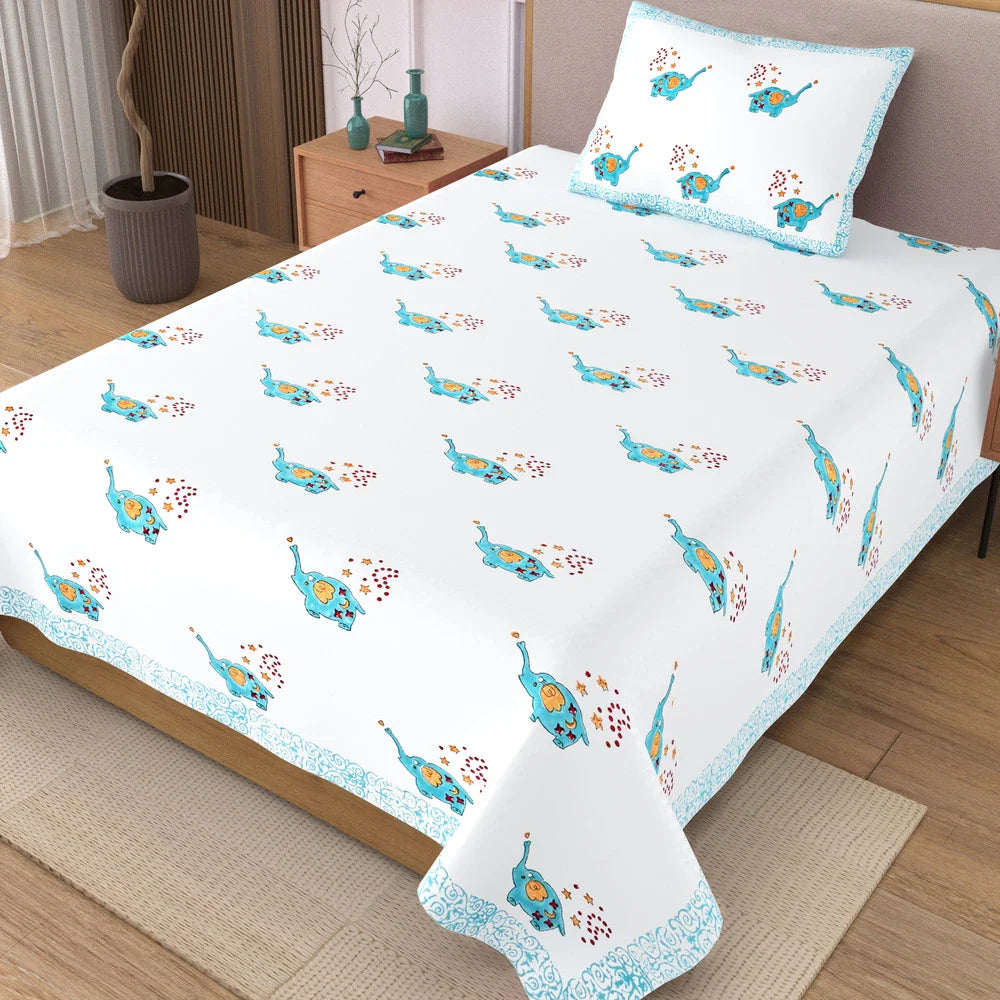 Blue Elephant Block Printed Kids Cotton Bedsheet - Single Bed Size (60X90 Inches)