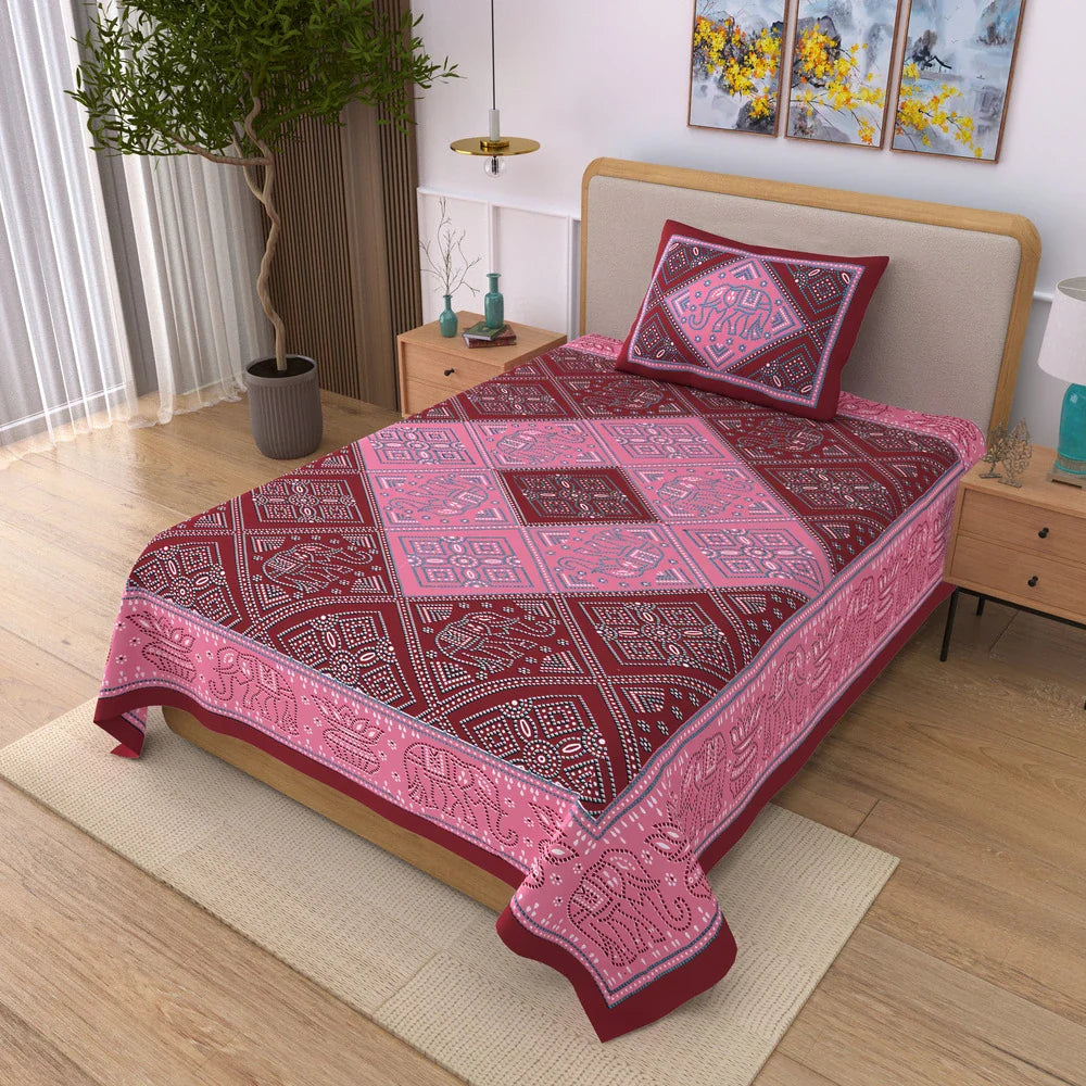 Jaipuri Cotton Single Bedsheet Set – Pink & Maroon Bandhani Print (70X100 inches)