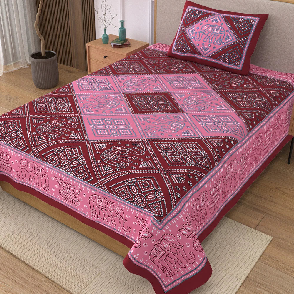 Jaipuri Cotton Single Bedsheet Set – Pink & Maroon Bandhani Print (70X100 inches)