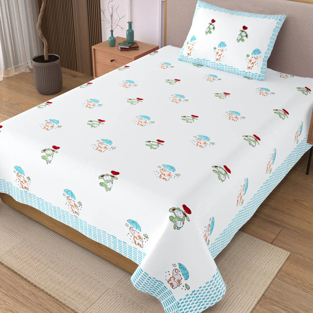 Happyland Block Printed Kids Cotton Bedsheet - Single Bed Size (60X90 Inches)