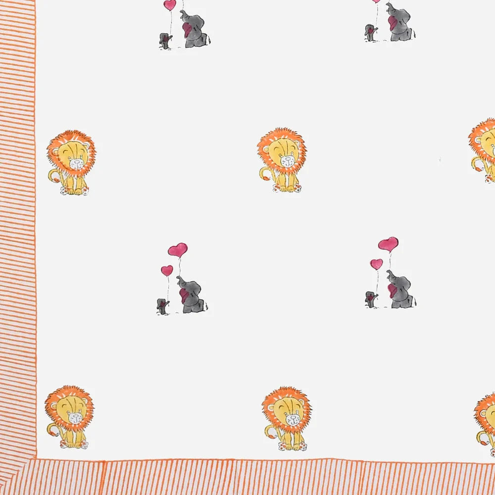 Lion & Elephant Block Printed Kids Cotton Bedsheet - Single Bed Size (60X90 Inches)