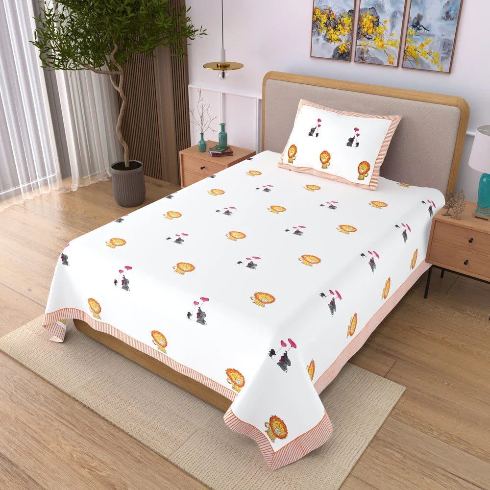 Lion & Elephant Block Printed Kids Cotton Bedsheet - Single Bed Size (60X90 Inches)