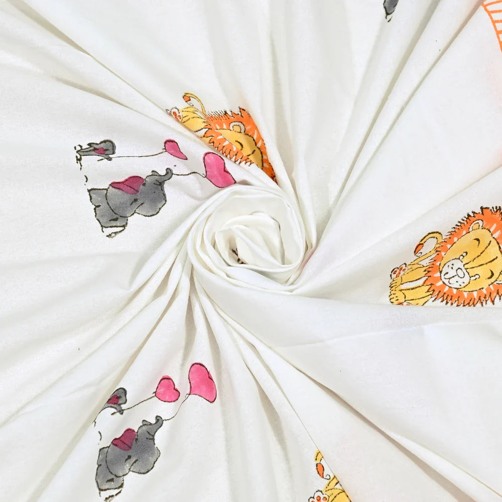 Lion & Elephant Block Printed Kids Cotton Bedsheet - Single Bed Size (60X90 Inches)