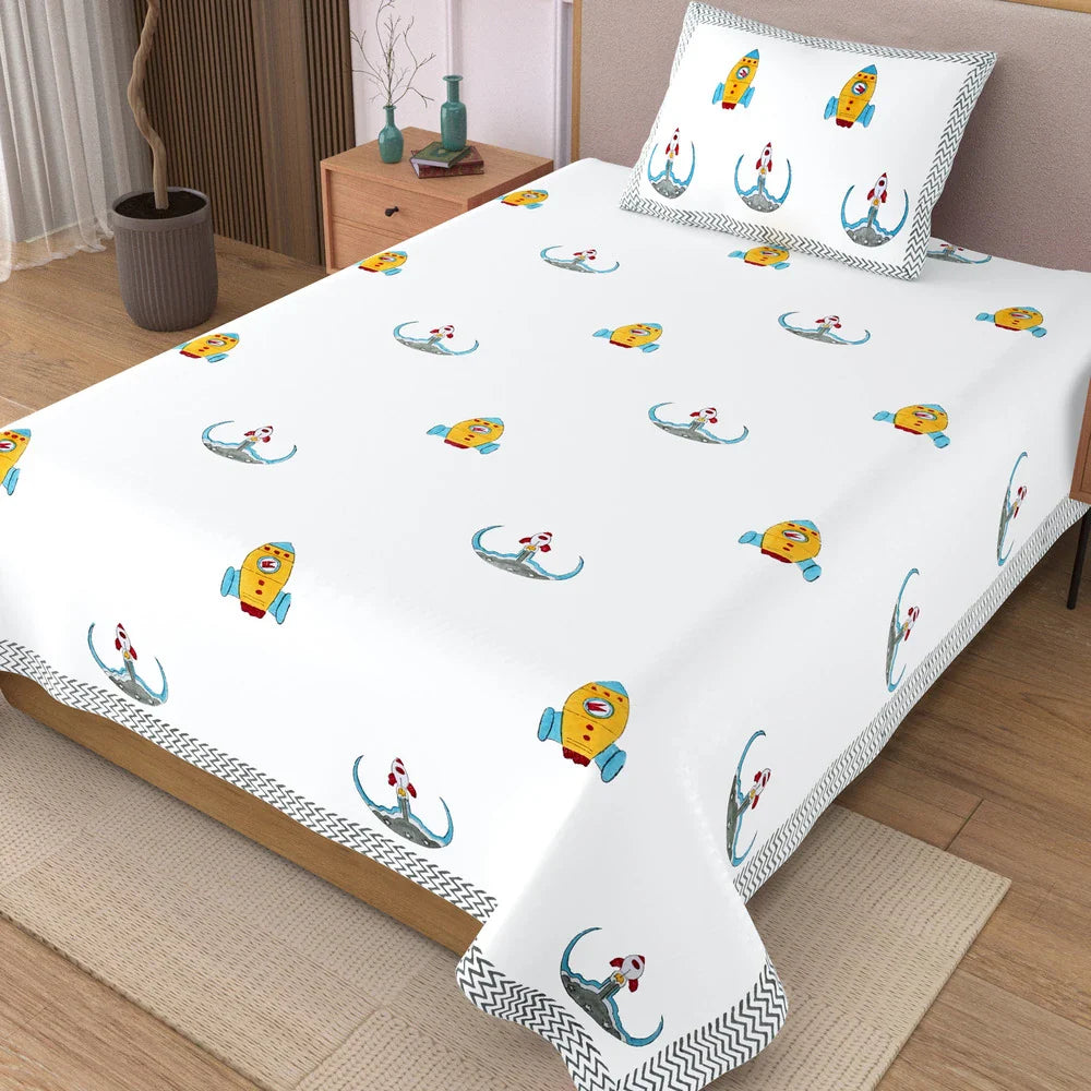 Rocket Space Block Printed Kids Cotton Bedsheet - Single Bed Size (60X90 Inches)