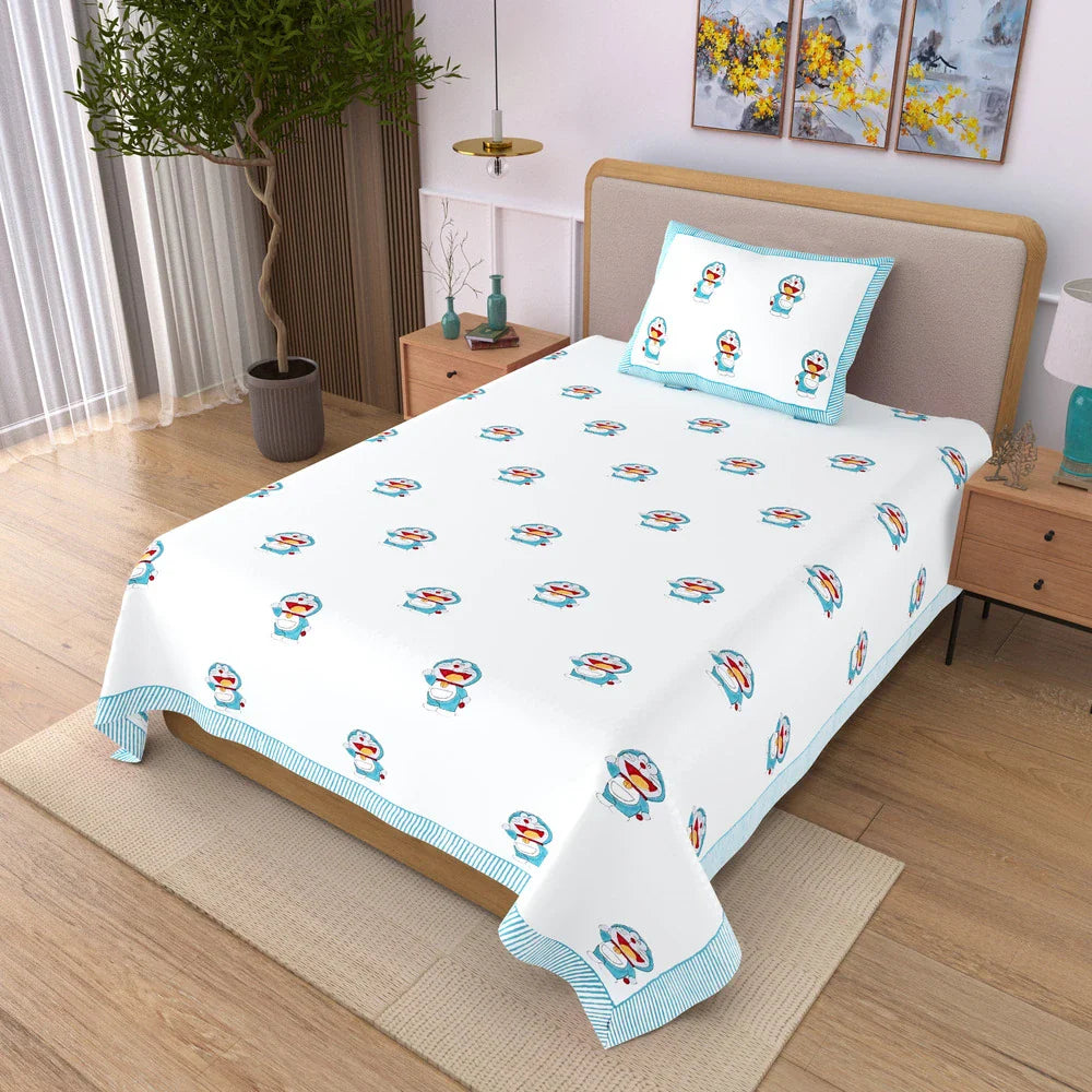 Doraemon Block Printed Kids Cotton Bedsheet - Single Bed Size (60X90 Inches)