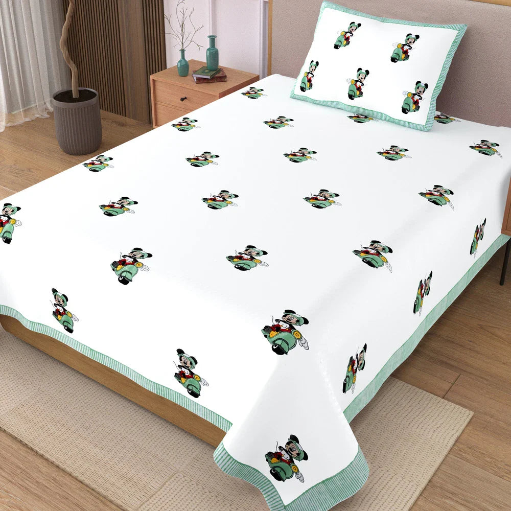Mickey Scooter Block Printed Kids Cotton Bedsheet - Single Bed Size (60X90 Inches)