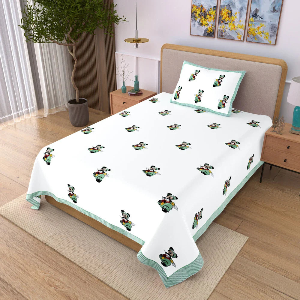 Mickey Scooter Block Printed Kids Cotton Bedsheet - Single Bed Size (60X90 Inches)