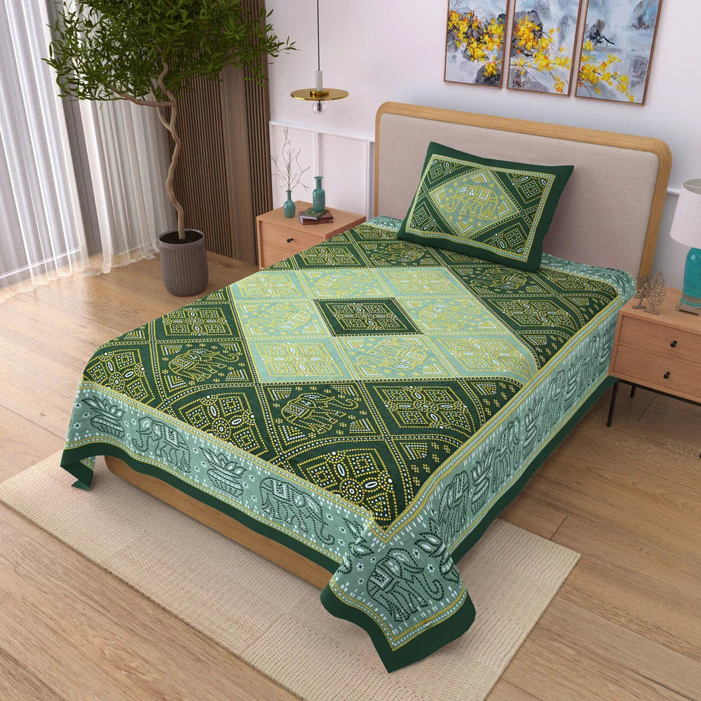 Jaipuri Cotton Single Bedsheet Set – Green & Yellow Bandhani Print (70X100 inches)